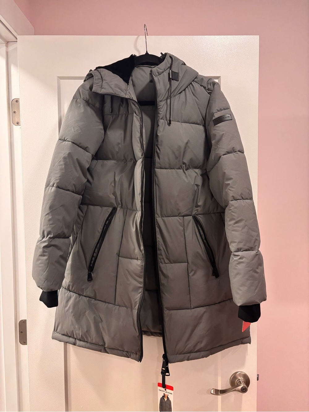 DKNY Gray Quilted Hooded Puffer Coat